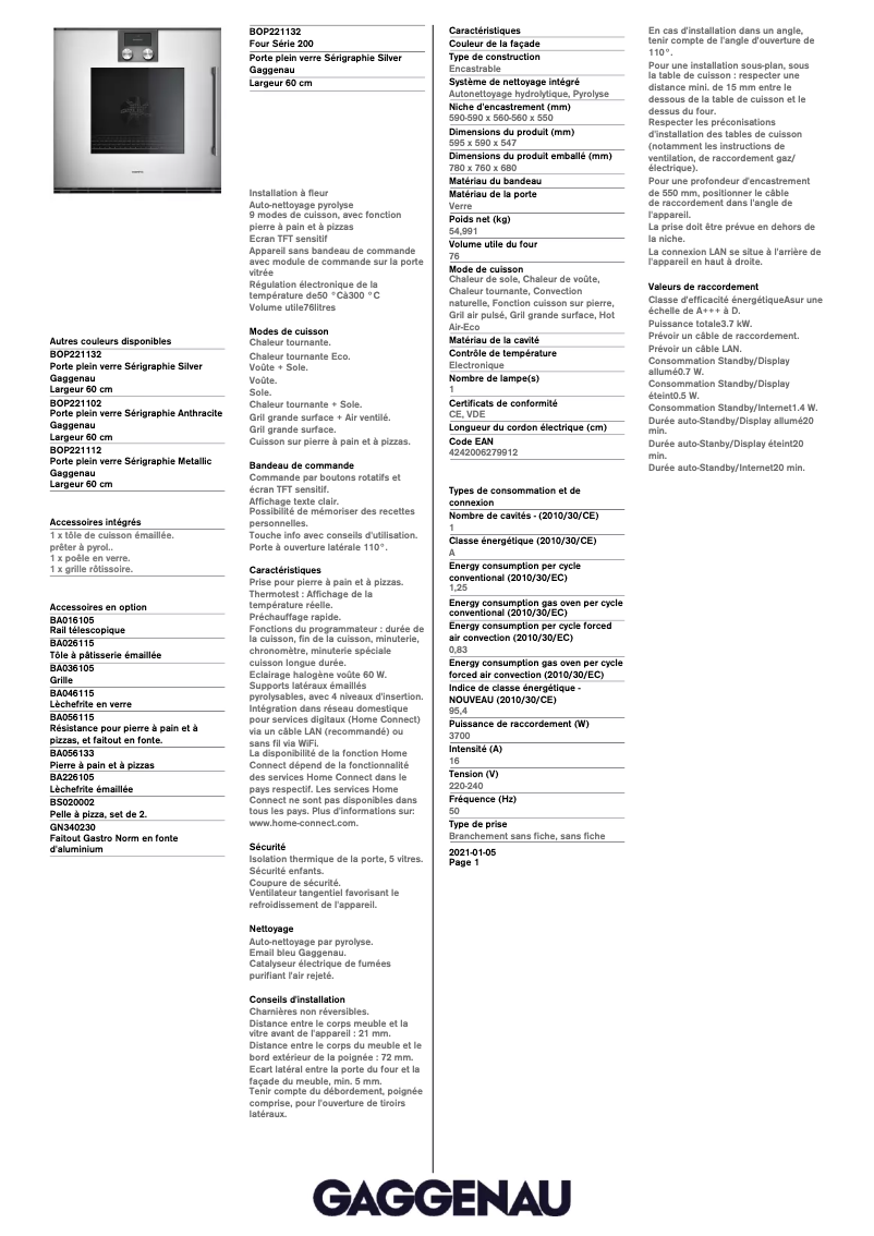 Page 1 of the manual Technical Sheet Gaggenau BOP221132