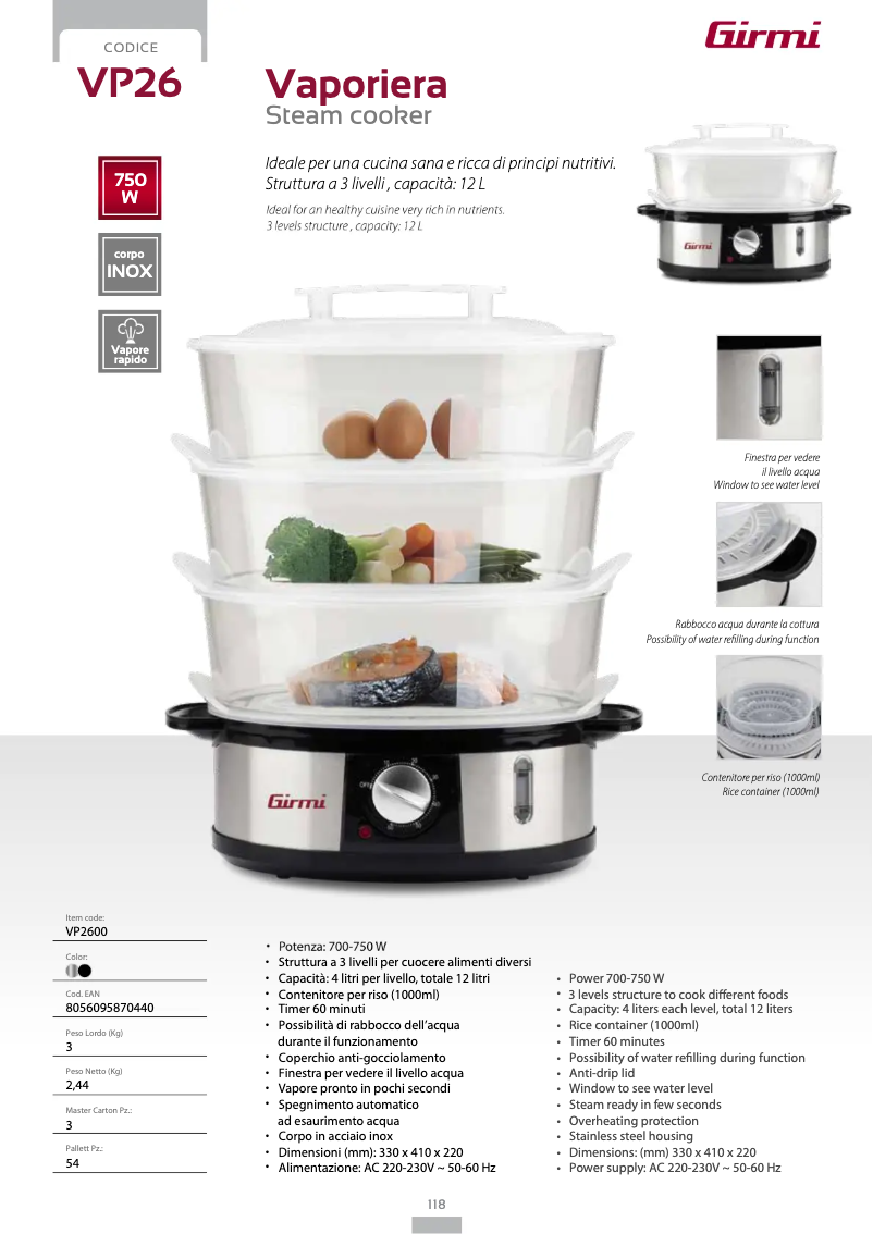 Page 1 de la notice Fiche technique Girmi VP26