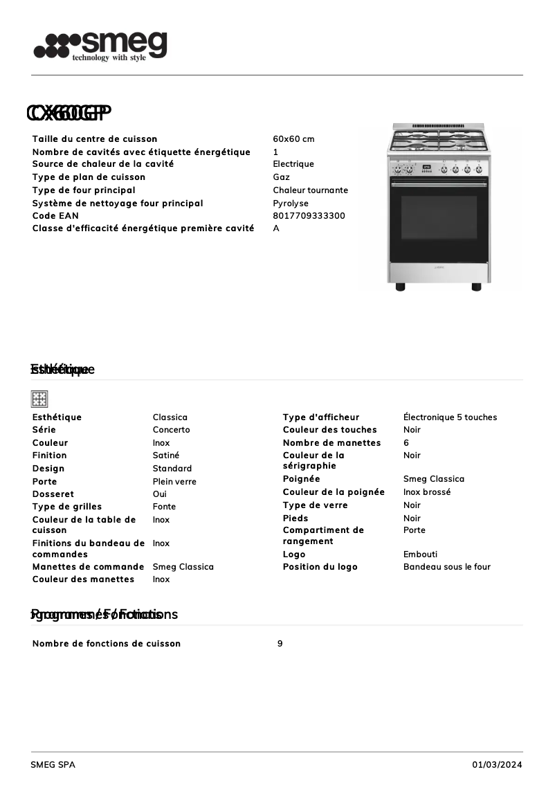 Page 1 of the manual Technical Sheet Smeg CX60GP