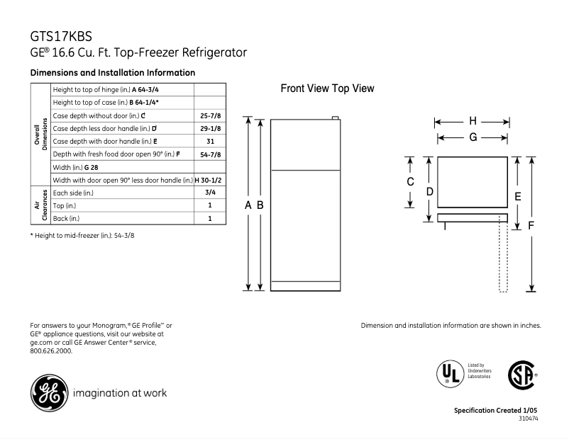 Page 1 of the manual Technical Sheet GE GTS17KBSCC