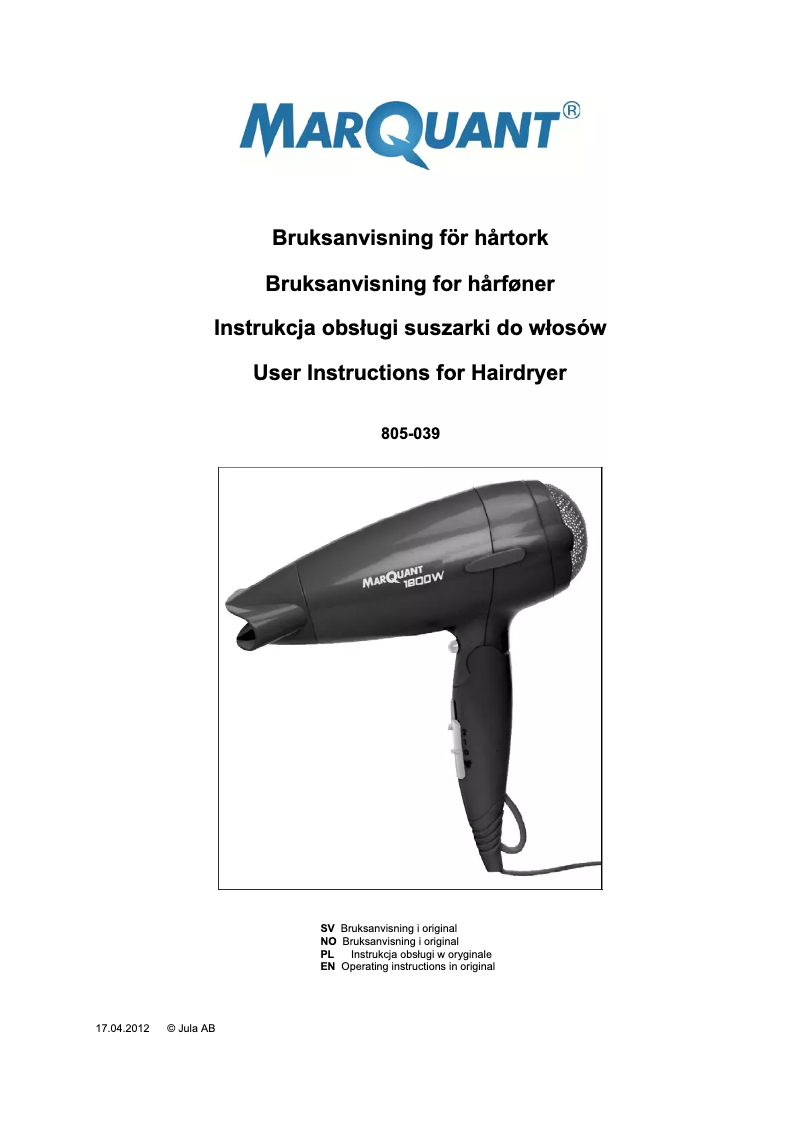 Page 1 of the manual User Manual Marquant 805-039