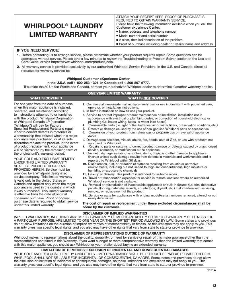 Page 1 of the manual Warranty Information Whirlpool WGD4950HW