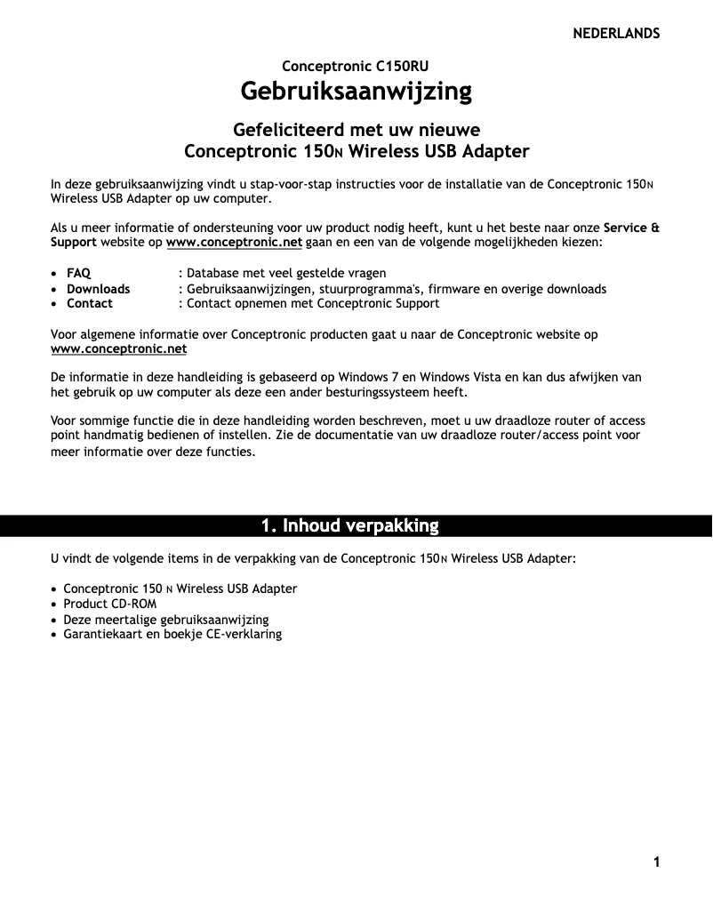 Page 1 de la notice Manuel utilisateur Conceptronic C150RU