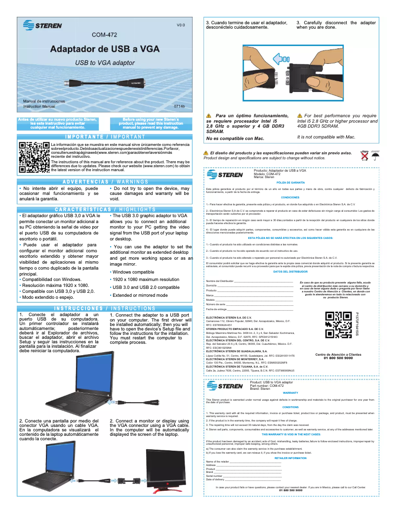 Page 1 of the manual User Manual Steren COM-472
