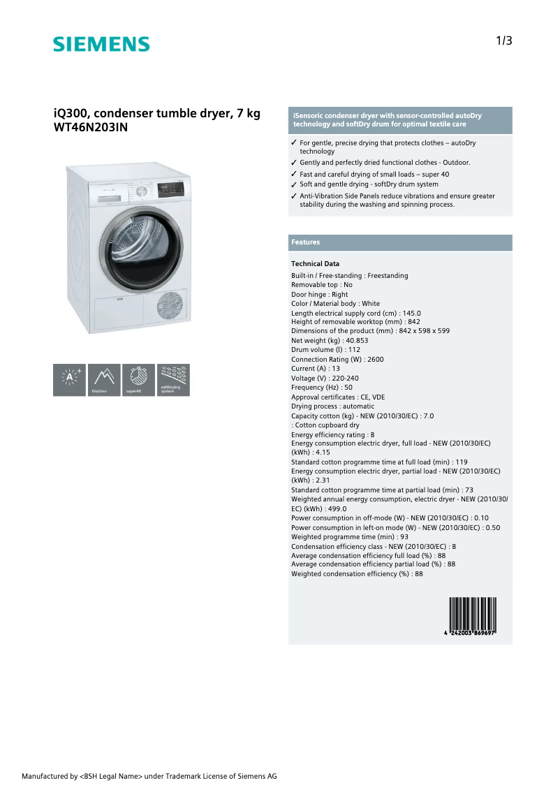 Page 1 of the manual Technical Sheet Siemens WT46N203IN