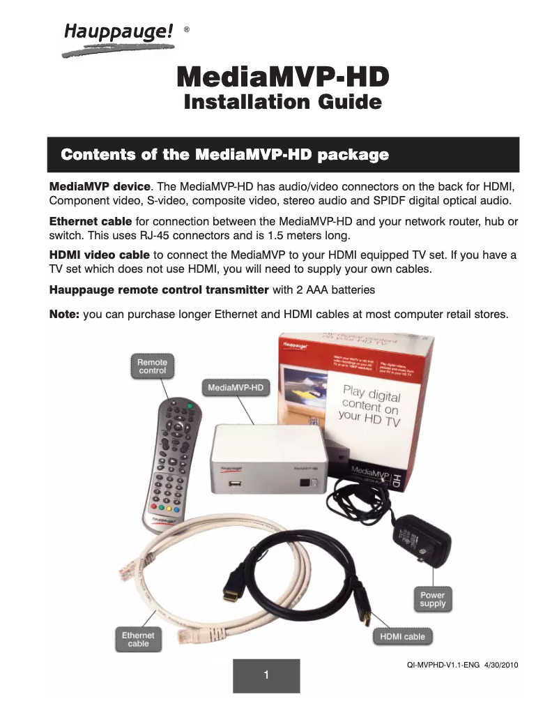 First page image of the manual for MediaMVP-HD