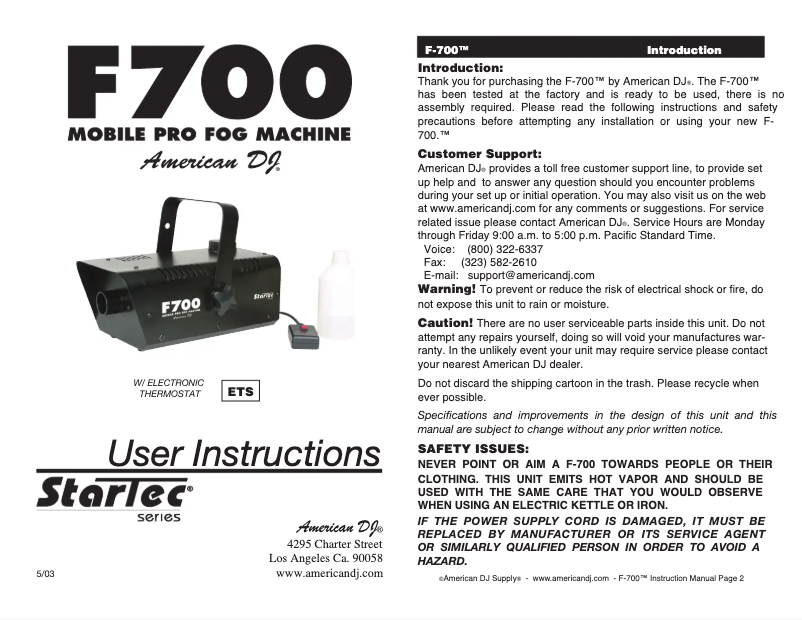 First page image of the manual for F700