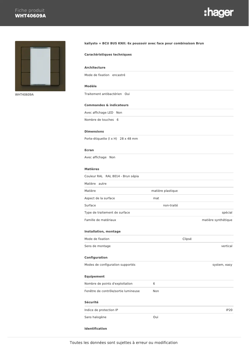 Page 1 of the manual Technical Sheet Hager WHT40609A