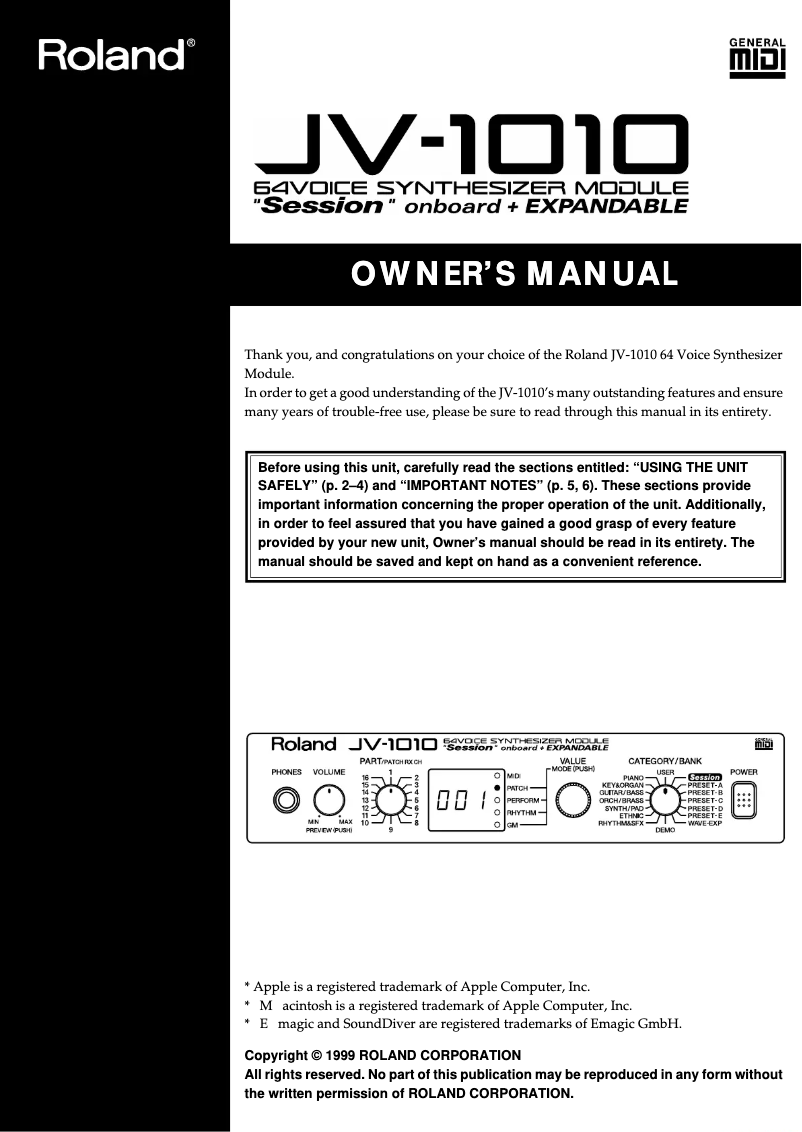 First page image of the manual for JV-1010
