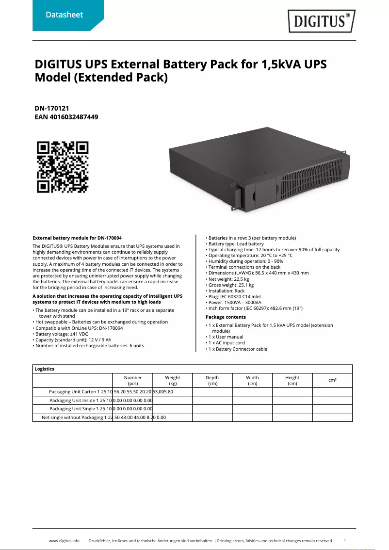 Page 1 of the manual Technical Sheet Digitus DN-170121