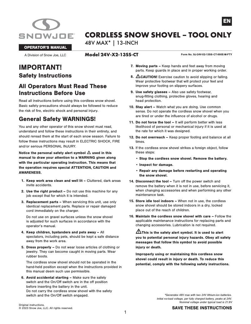 Page 1 of the manual User Manual Snow Joe 24V-X2-13SS-CT