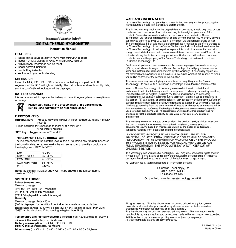 Page 1 of the manual User Manual La Crosse Technology T88532