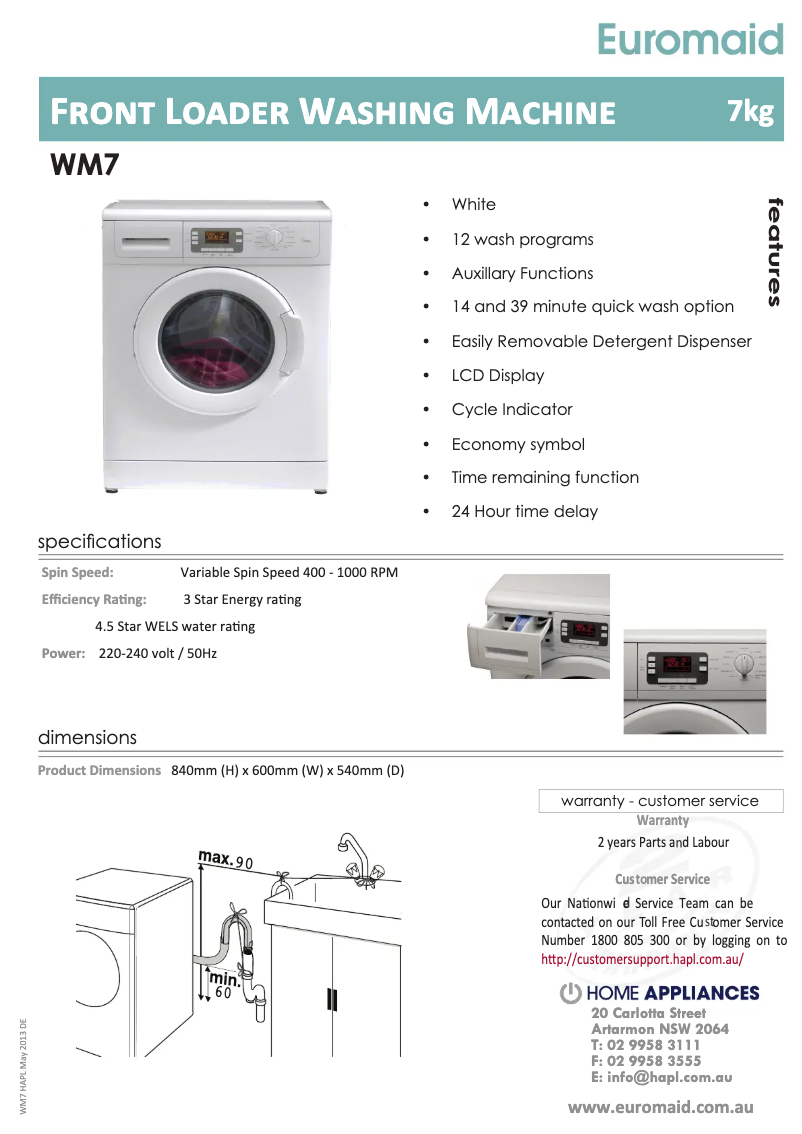Page 1 of the manual Technical Sheet Euromaid WM7