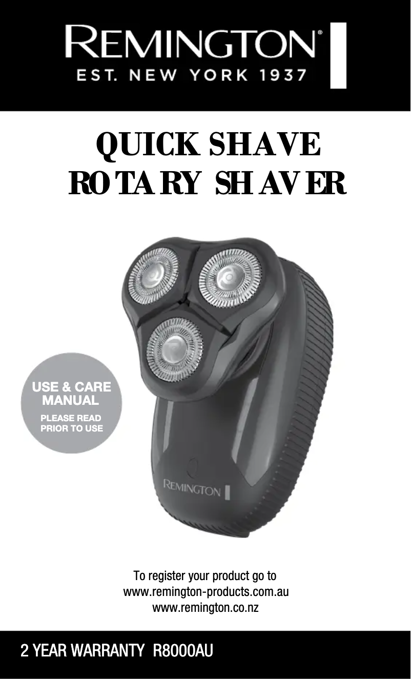 Page 1 of the manual User Manual Remington Quick Shave R8000AU