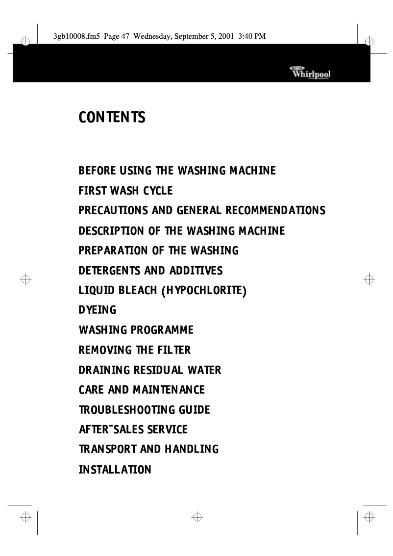 Page 1 of the manual User Manual Whirlpool AWM 4040