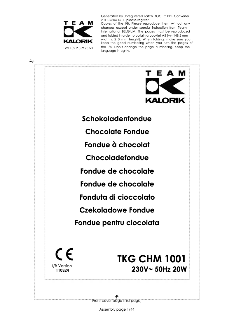 Page 1 de la notice Manuel utilisateur Kalorik TKG CHM 1001