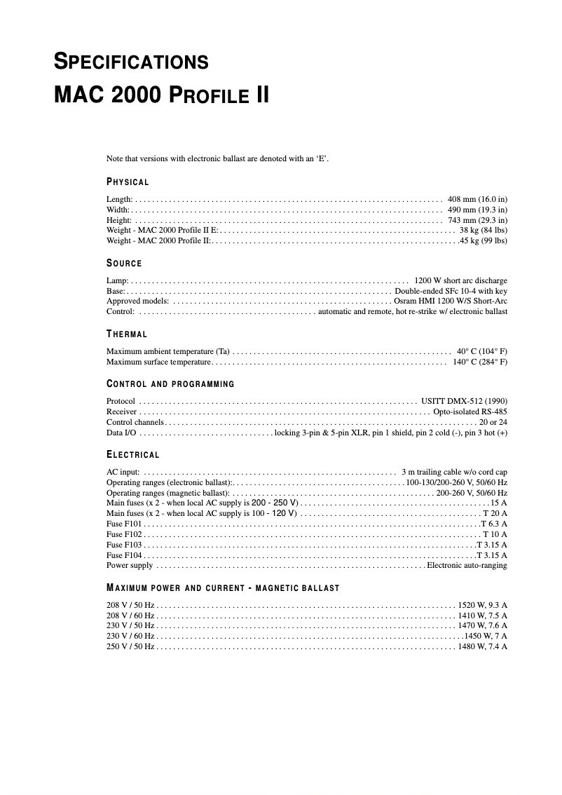 Page 1 of the manual Technical Sheet Martin MAC 2000 Profile II