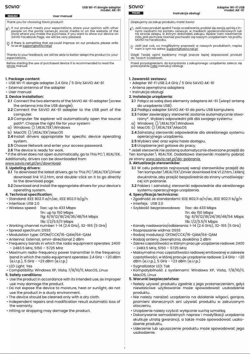 Page 1 of the manual User Manual Savio AK-61