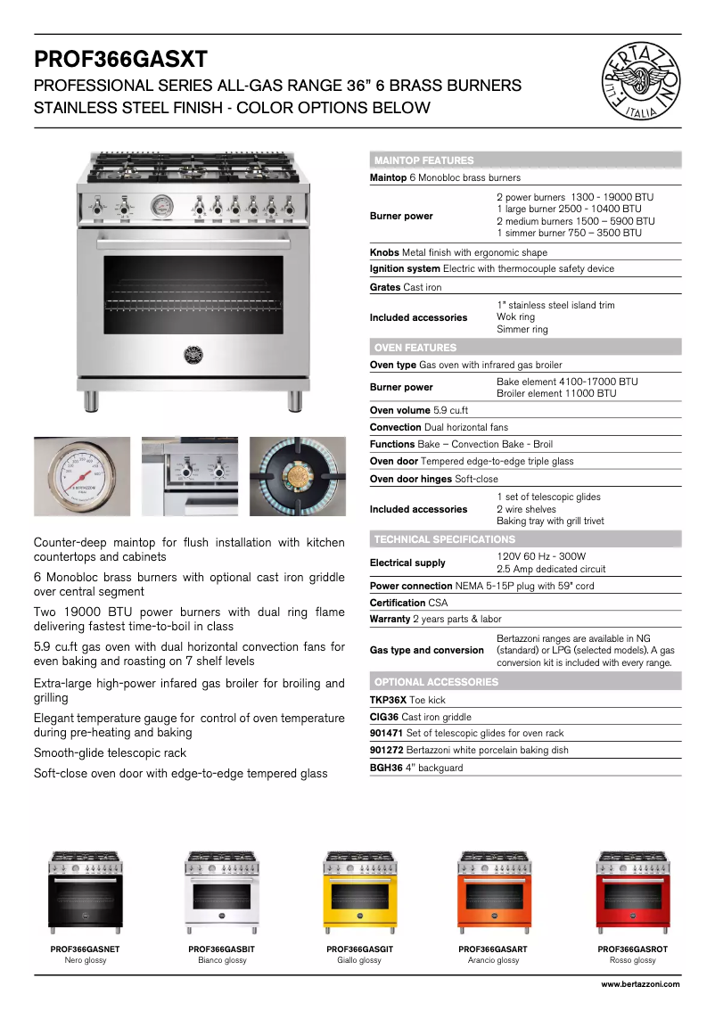 Page 1 of the manual Technical Sheet Bertazzoni PROF366GASXTLP