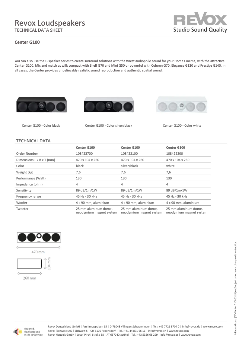 Page 1 of the manual Technical Sheet Revox Center G100