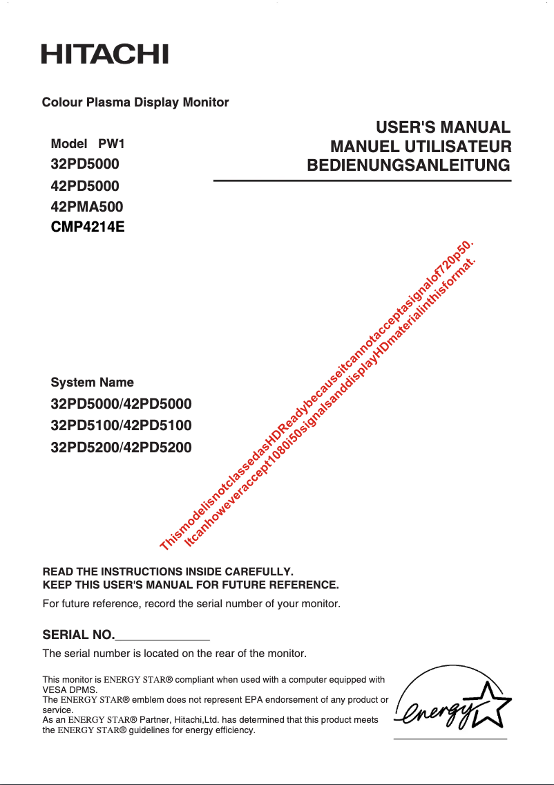 Page 1 of the manual User Manual Hitachi 42PD5200