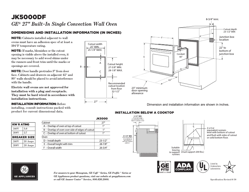 Page 1 of the manual Technical Sheet GE JK5000DFBB