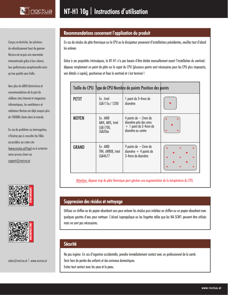 Page 1 de la notice Manuel utilisateur Noctua NT-H1