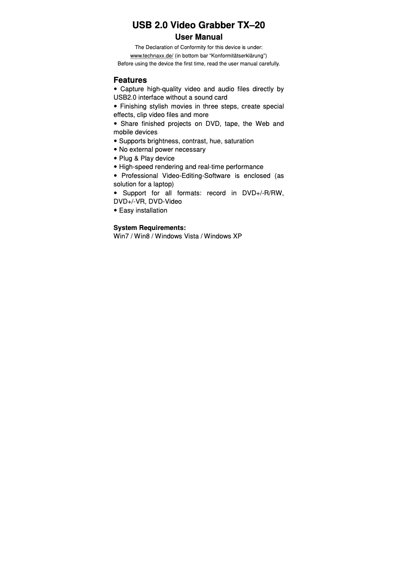 Page 1 of the manual User Manual Technaxx TX–20