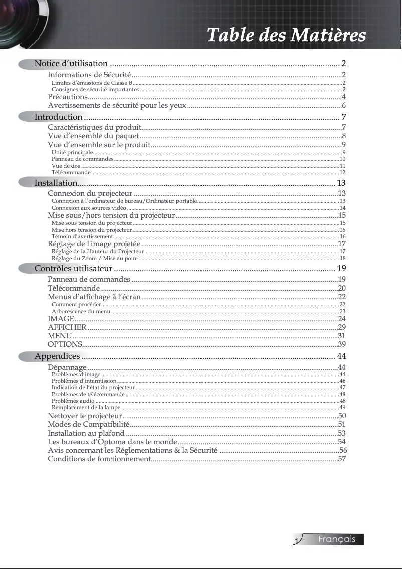 Page 1 of the manual User Manual Optoma EP7155i