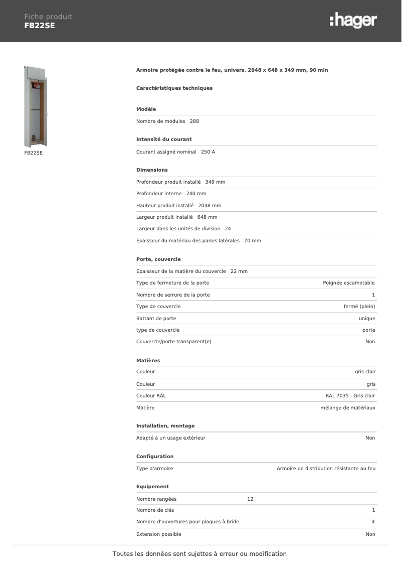 Page 1 of the manual Technical Sheet Hager FB22SE