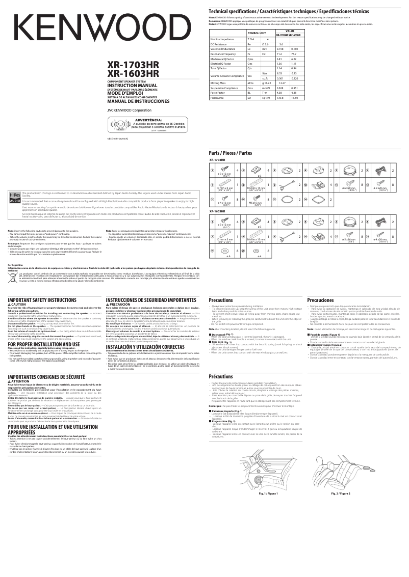 Page 1 de la notice Manuel utilisateur Kenwood Excelon XR-1603HR