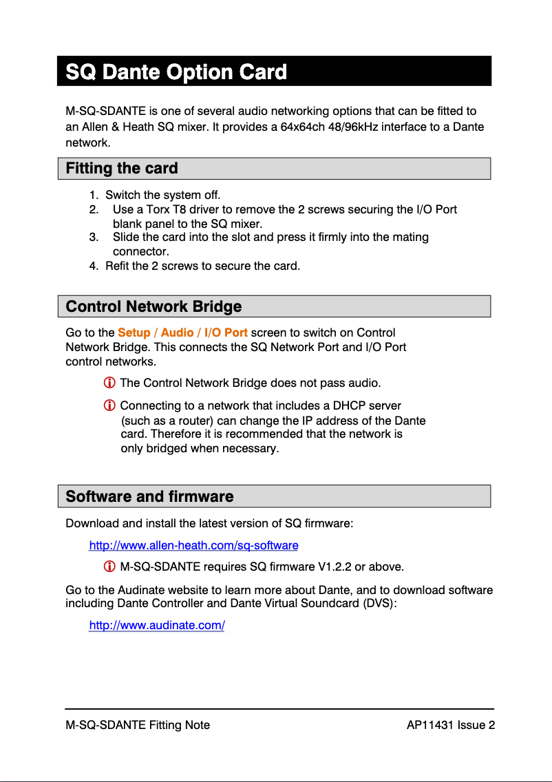First page image of the manual for SQ Dante