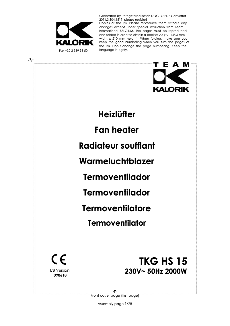 First page image of the manual for TKG HS 15