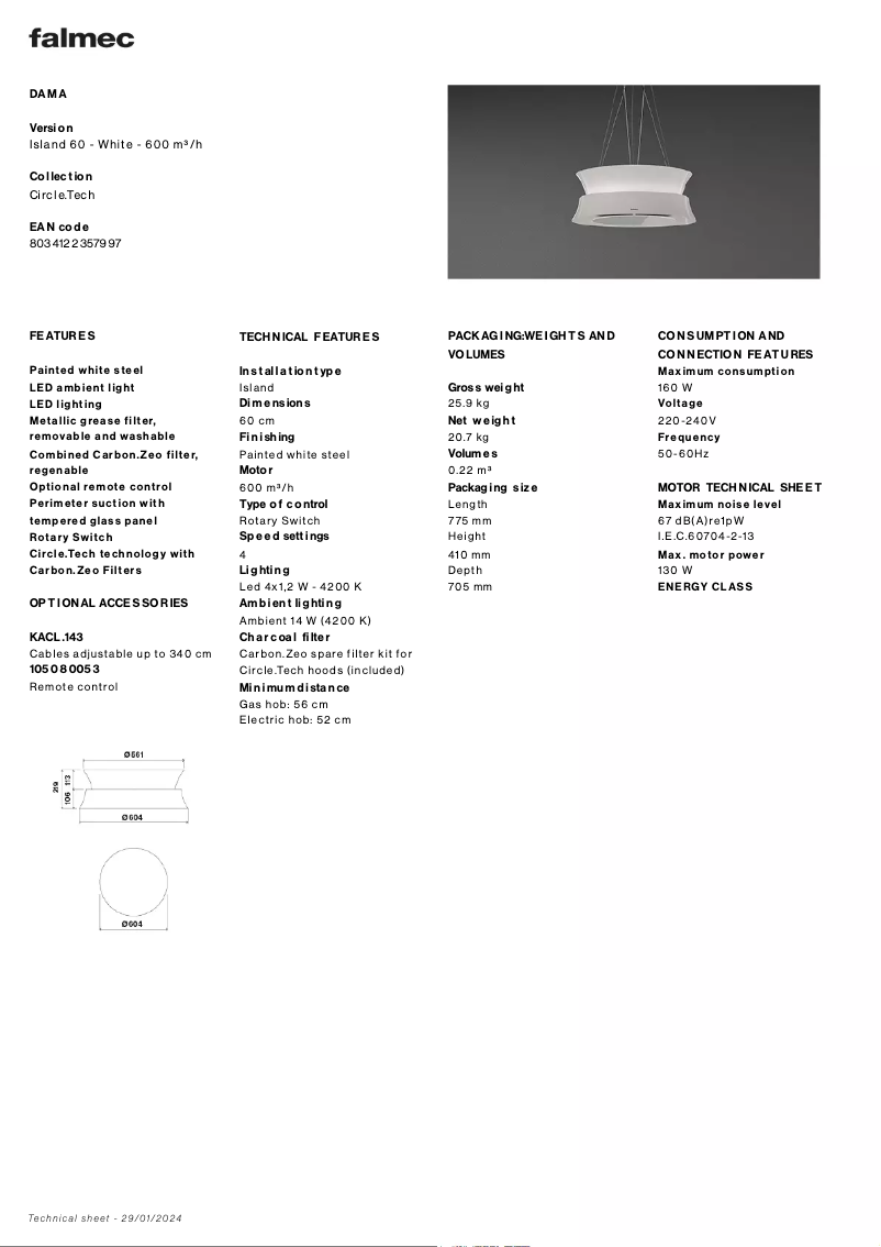 Page 1 of the manual Technical Sheet Falmec Dama