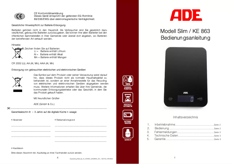 Page 1 of the manual User Manual ADE Slim KE 863