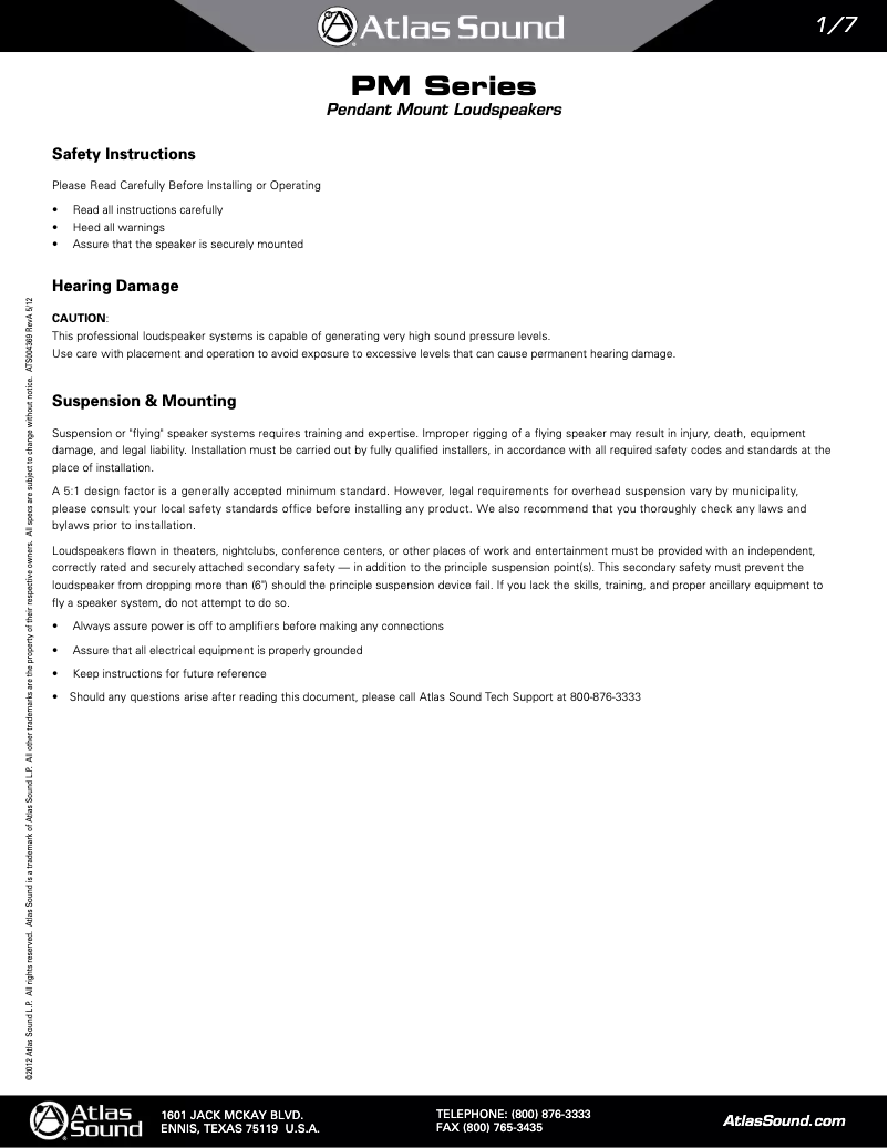 Page 1 of the manual User Manual Atlas Sound PM8GD-B