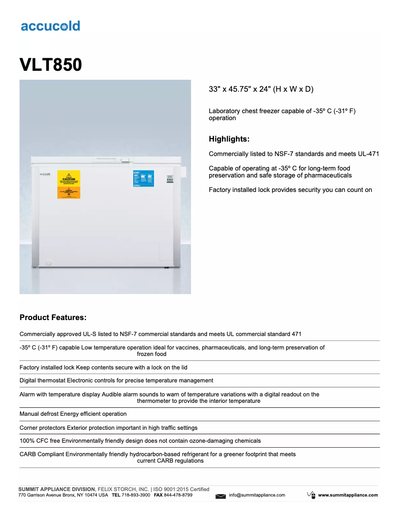 Page 1 of the manual Technical Sheet Summit Accucold VLT850