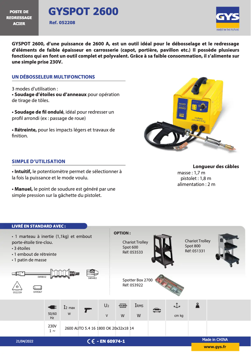 Page 1 of the manual Technical Sheet GYS Gyspot 2600