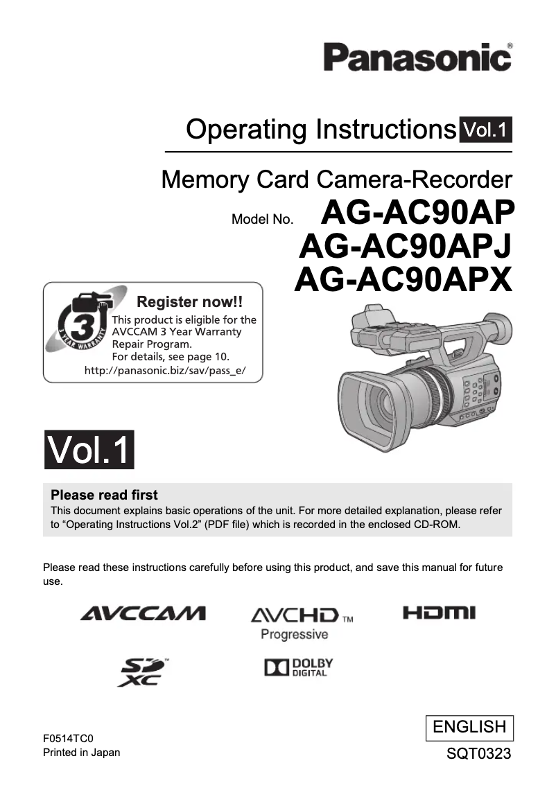 First page image of the manual for AG-AC90A