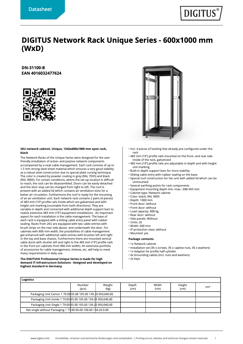 Page 1 of the manual Technical Sheet Digitus DN-31100-B