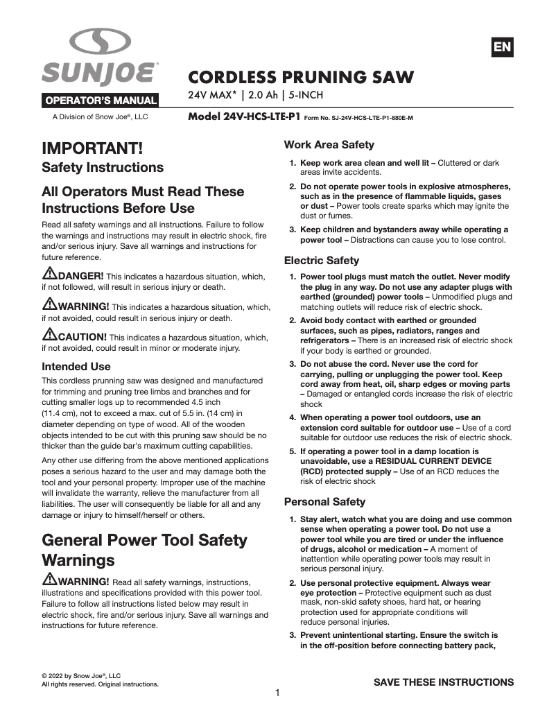 Page 1 of the manual User Manual Sun Joe BDL-A0067
