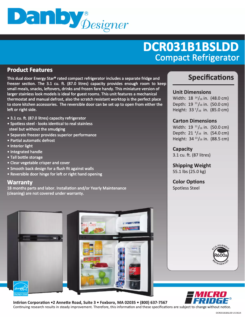 Page 1 of the manual Technical Sheet Danby DCR031B1BSLDD