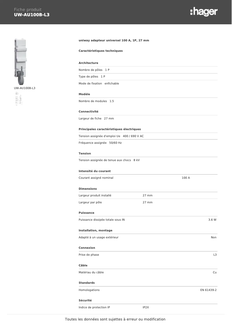First page image of the manual for UW-AU100B-L3