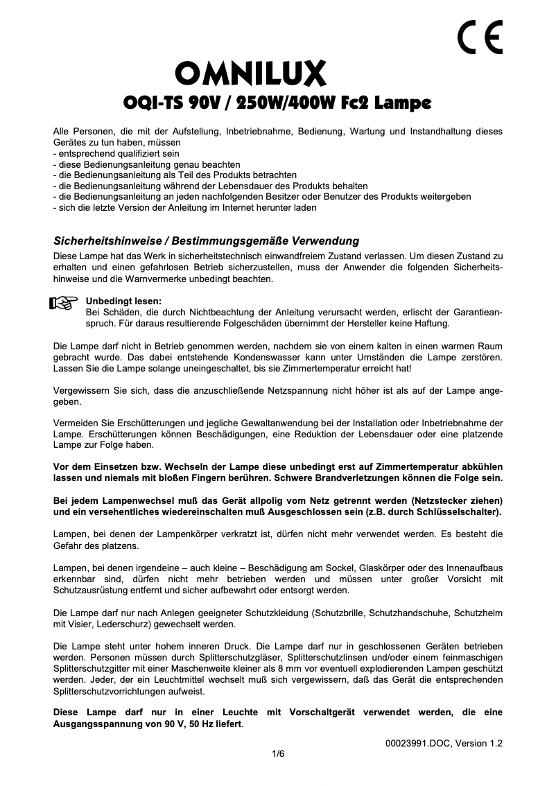 Page 1 of the manual User Manual Omnilux OQI-TS 250 W