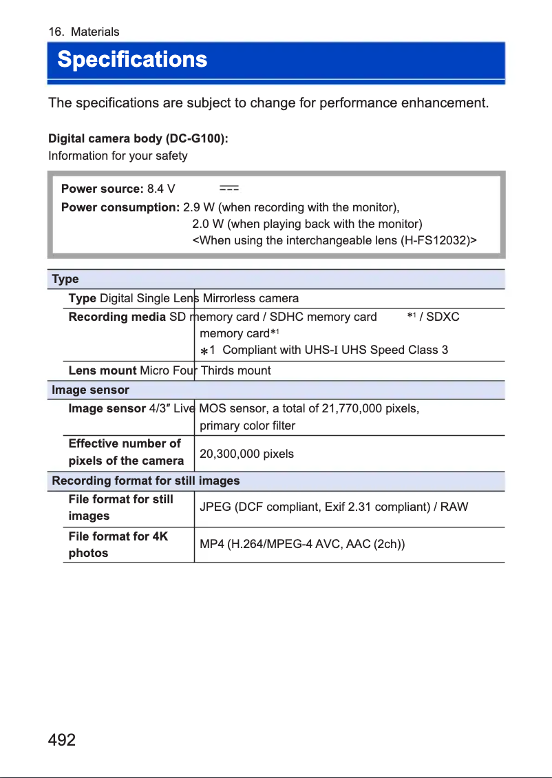 Page 1 of the manual Technical Sheet Panasonic Lumix DC-G100
