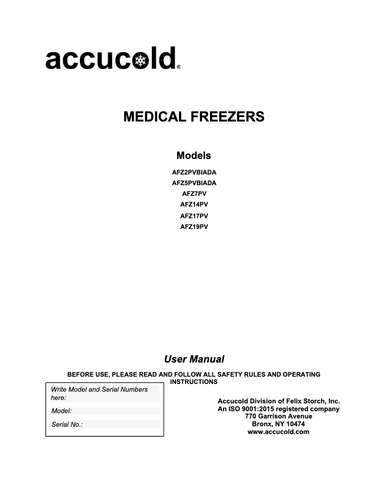 Page 1 of the manual User Manual Accucold AFZ1PV