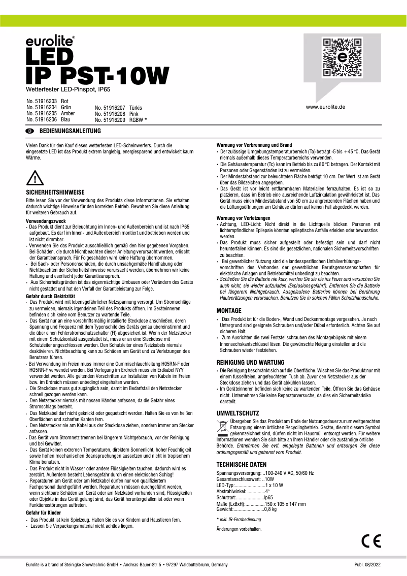 Page 1 de la notice Manuel utilisateur Eurolite LED IP PST-10W