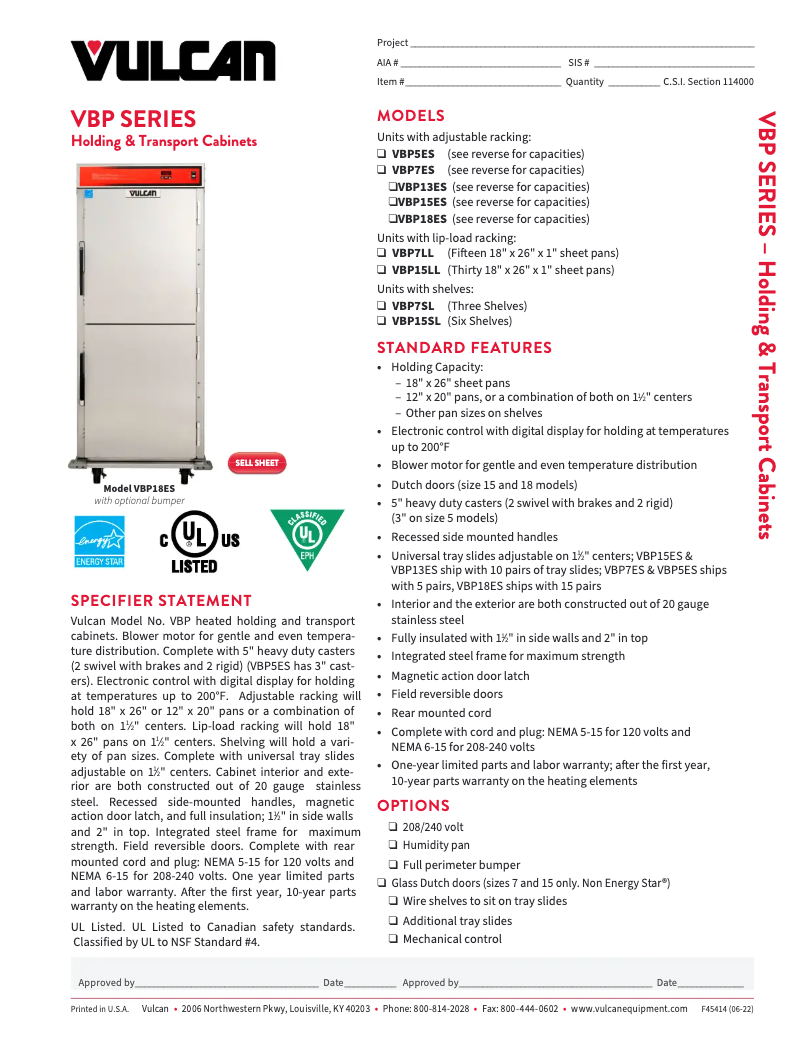 Page 1 of the manual Technical Sheet Vulcan VBP15ES