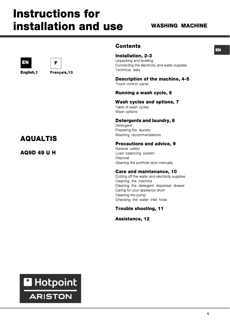 Page 1 of the manual User Manual Hotpoint Ariston AQ9D49UHVA