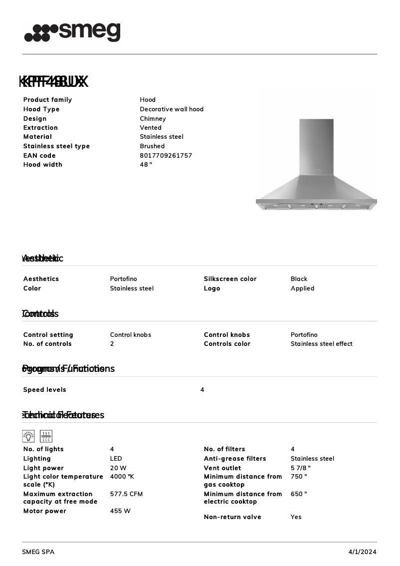 Page 1 of the manual Technical Sheet Smeg KPF48UX